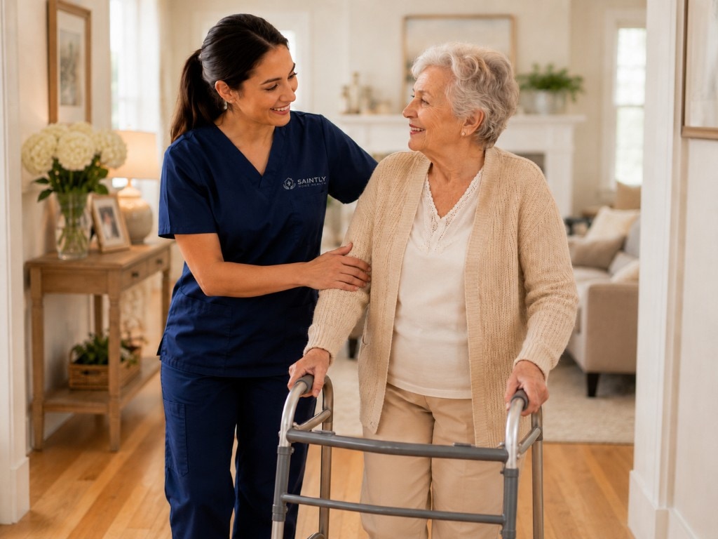 Saintly aide steadily supporting an older woman as she walks safely with her walker through a sunlit room