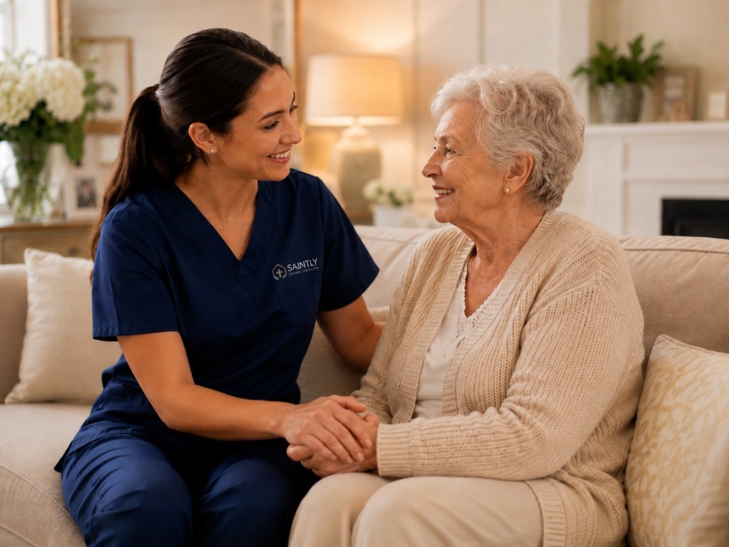 Saintly Home Health aide warmly holding the hand of an older woman seated together on a sunlit couch at home