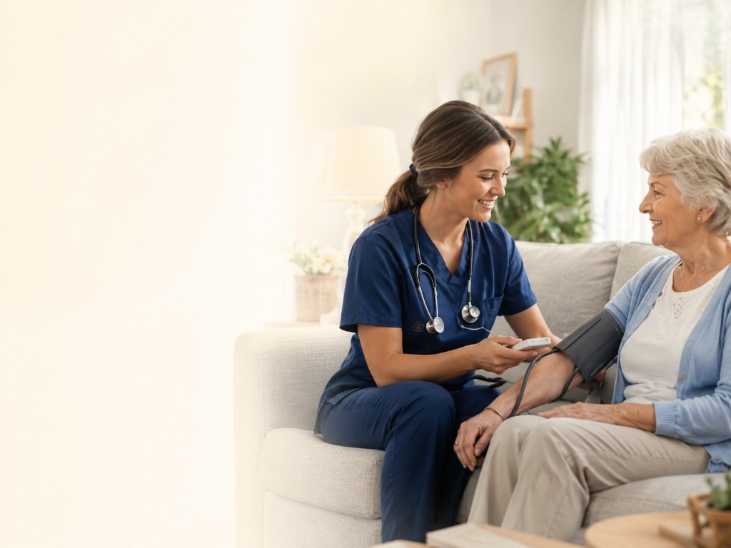 Saintly Home Health nurse explaining Medicare home health coverage to a patient at home