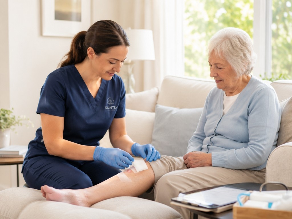 Nurse reviewing wound-care supplies attentively with a patient and family member seated together
