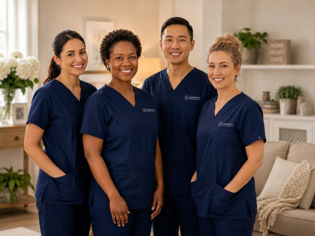 Saintly Home Health team of clinicians smiling together in a warm, welcoming home setting
