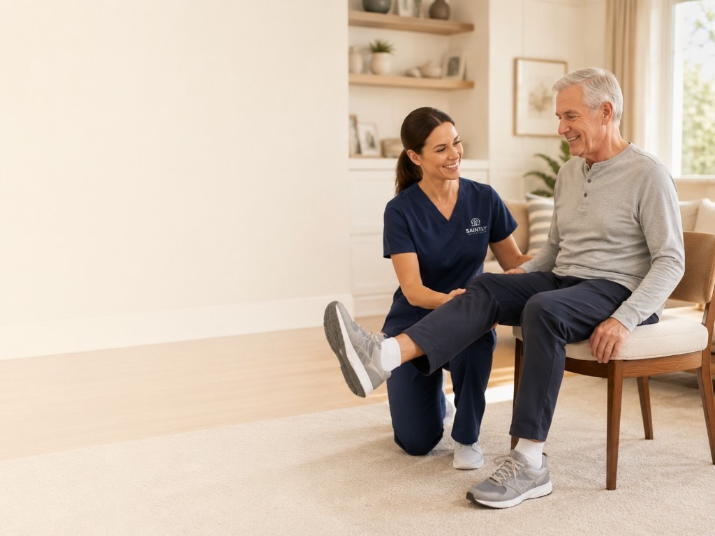 Saintly intake nurse listening with care during a home consultation