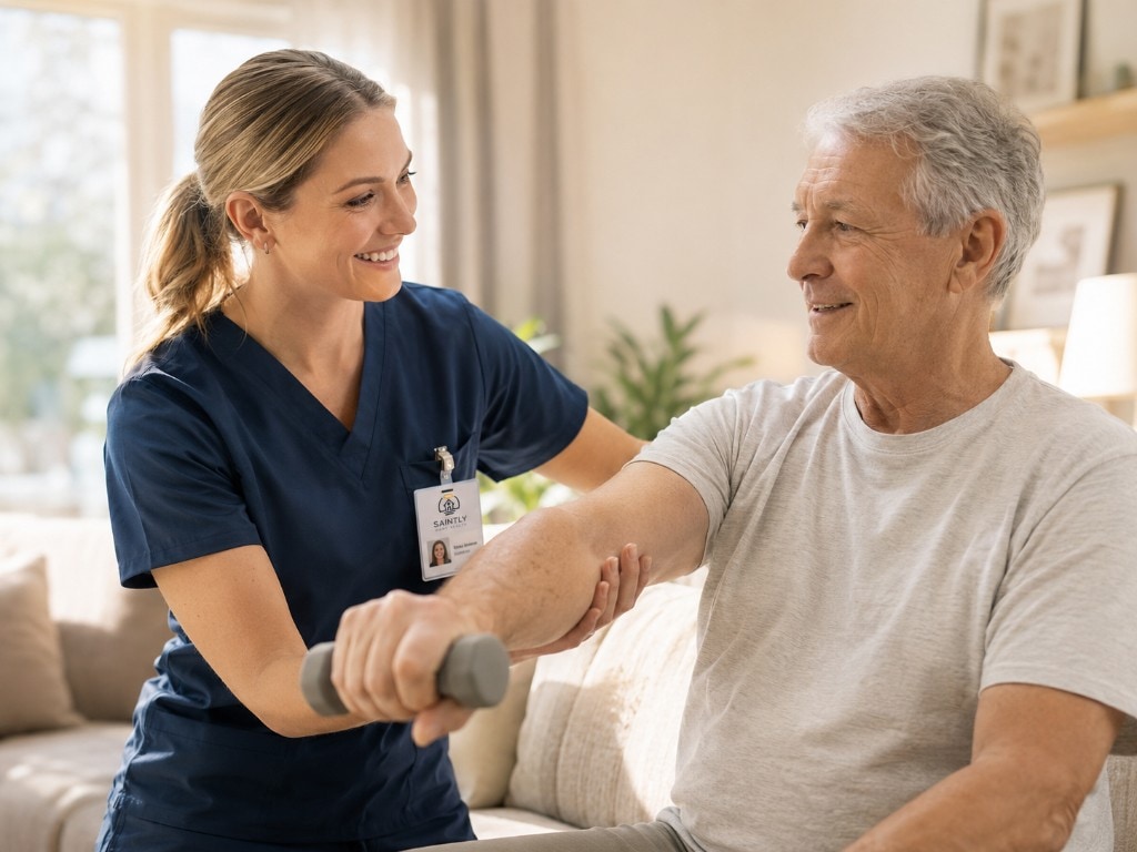 Saintly Home Health therapist guiding an older man through a strength exercise with a small dumbbell at home