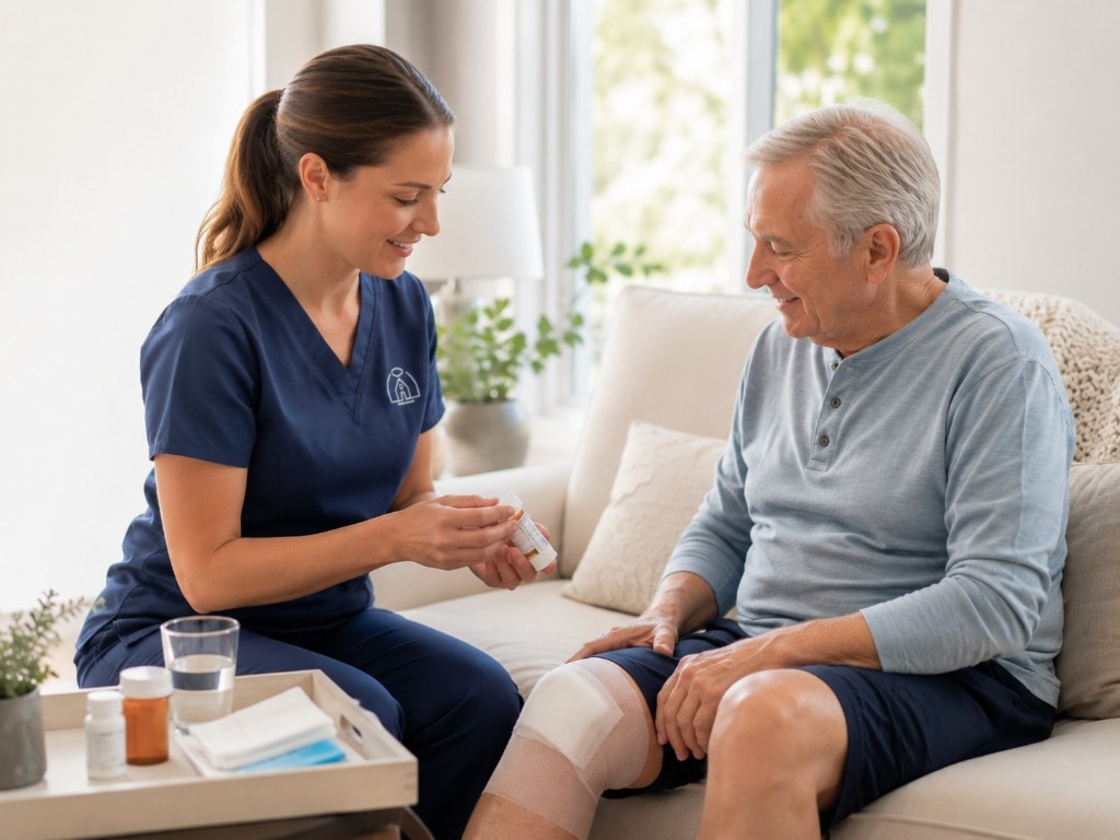 Nurse documenting care on tablet while chatting with a relaxed patient seated comfortably on the couch