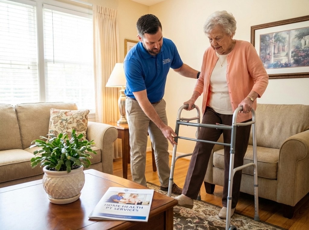 Saintly physical therapist helping a patient practice walking safely at home